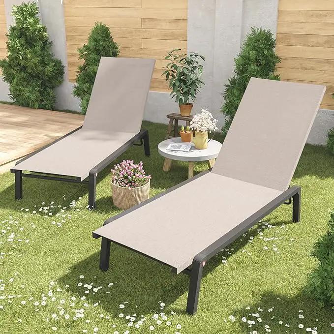 Patio Chaise Lounge Set of 2 with 4 Adjustable Backrest, Foldable Aluminum Chaise Lounge Chair Recliner for Outdoor, Poolside, Sun Tanning Beige by GreenHaven Gardens