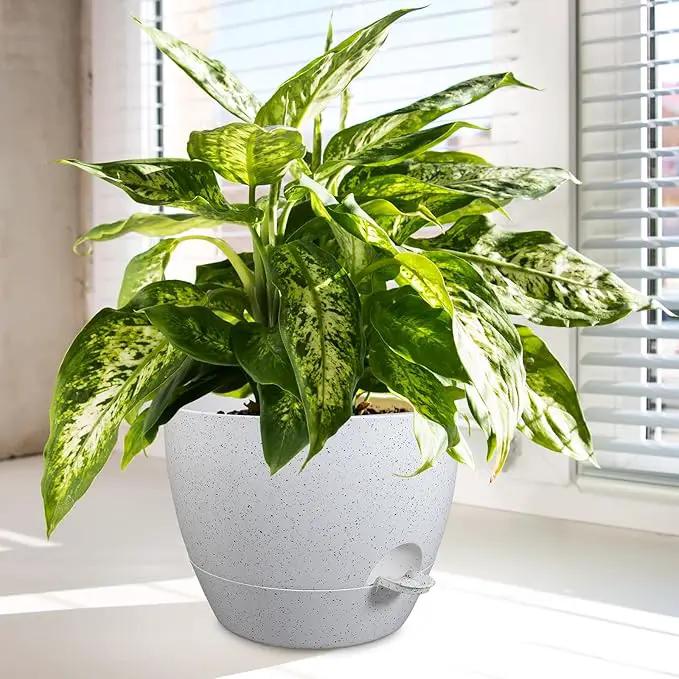 12/10/9 inch Large Self Watering Pots, Plant Pots with Mesh Drainage Holes for Indoor Outdoor Garden Plants, Flower Pots with Deep Reservoir, Set of 3 Plastic Planters, Specked White by GreenHaven Gardens