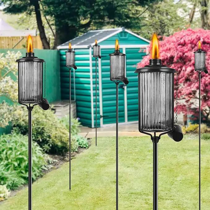 4 Pack Glass Citronella Torches, 16 oz Garden Torches for Outside with 3-Prong Grounded Stake, 55 inch Outdoor Black Glass Flame Light Torch for Yard, Patio, Deck, Garden, Party, Landscape by GreenHaven Gardens