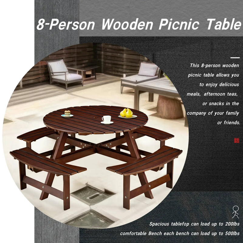 Outdoor 8 Person Round Picnic Table with Built-In Benches by HouseOfZazla