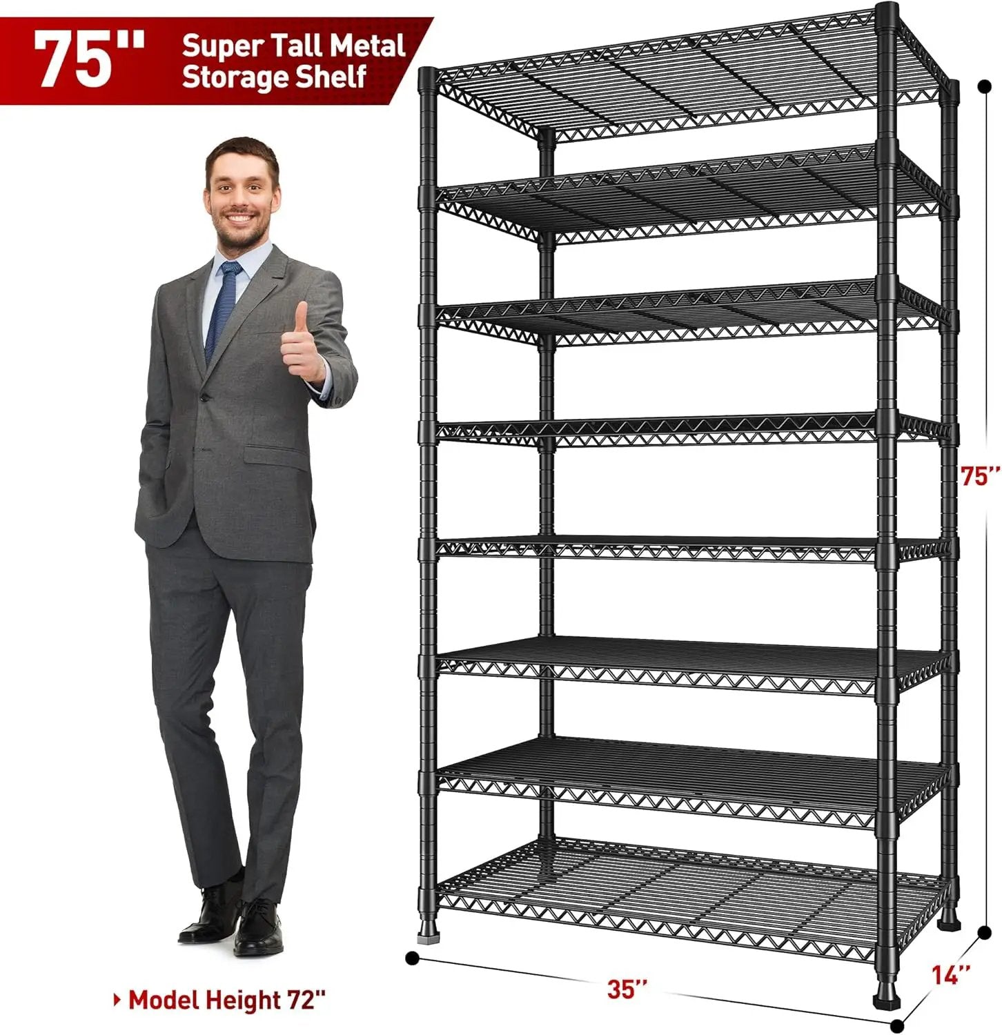 REIBII 8 Tier Metal Shelving 75"H Storage Shelves Tall Wire Shelving Unit Adjustable Detachable Storage Shelves for Laundry Pantry Kitchen Commercial school 1040LBS Storage Rack 75"H X 35"W X 14"D by GreenHaven Gardens