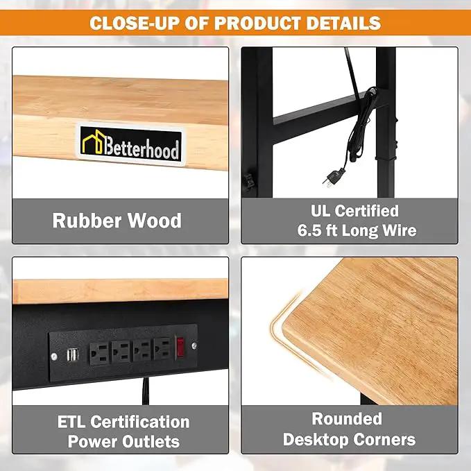 48" Adjustable Workbench for Garage, Rubber Wood Heavy Duty Workstation with Power Outlets & Wheels, 2000 LBS Load Capacity Hardwood Worktable for Workshop, Garage, Office, Home, Commercial by GreenHaven Gardens