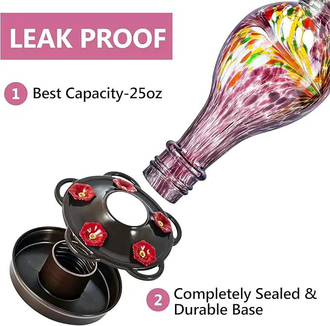 LUJII Hand Blown Glass Hummingbird Feeder for Outdoors Hanging with Ant Guard, 25 fl.oz, Leak Proof & Rustproof, Metal Base with 5 Feeding Ports & 5 Perches, Unique Garden & Backyard Decor (Purple) by GreenHaven Gardens
