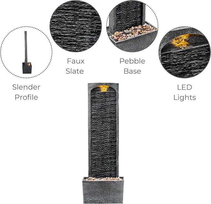 Teamson Home 38.5" Faux Slate Contemporary Outdoor LED Waterfall Fountain with Pebble Base, Gray/Black by GreenHaven Gardens
