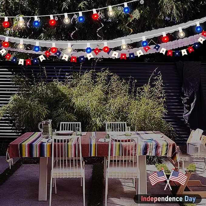 4th of July Decorations Lights Outdoor, 25Ft Red White and Blue Lights with 25 G40 Light Bulbs, Plug in G40 Patriotic Light for Indoor Independence Day Party Memorial Day-White by GreenHaven Gardens