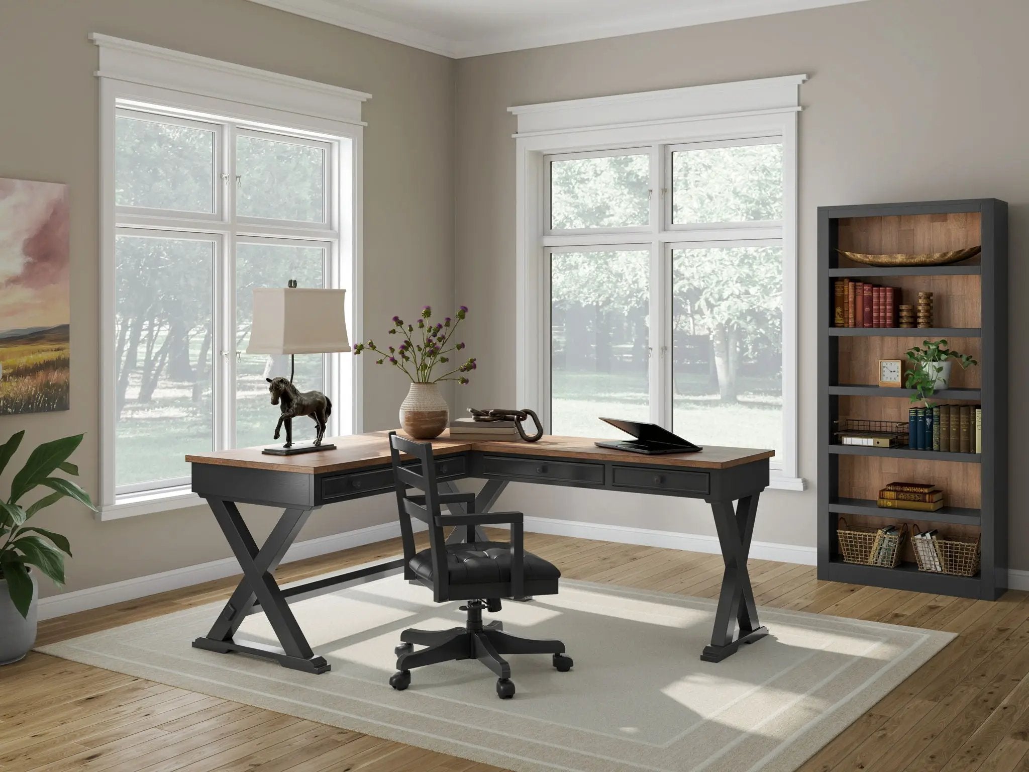 Wildenauer - 4 Pc. - Home Office Desk And Return, Swivel Desk Chair, Bookcase - Brown / Black by Unique Piece Furniture