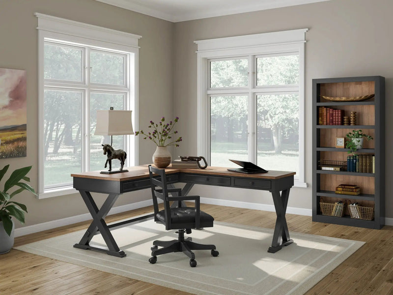 Wildenauer - 4 Pc. - Home Office Desk And Return, Swivel Desk Chair, Bookcase - Brown / Black by Unique Piece Furniture