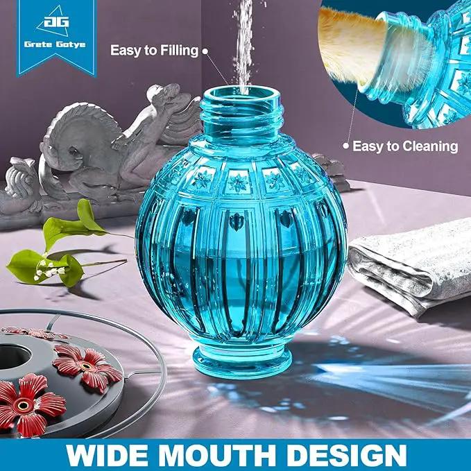 Glass Hummingbird Feeder for Outdoors Hanging, 26Oz Bird Nectar Feeder with Perch & 5 Flower Feeding Ports, Leak Proof for Outside Garden Decor Backyard, Gifts for Women Mom, Blue by GreenHaven Gardens