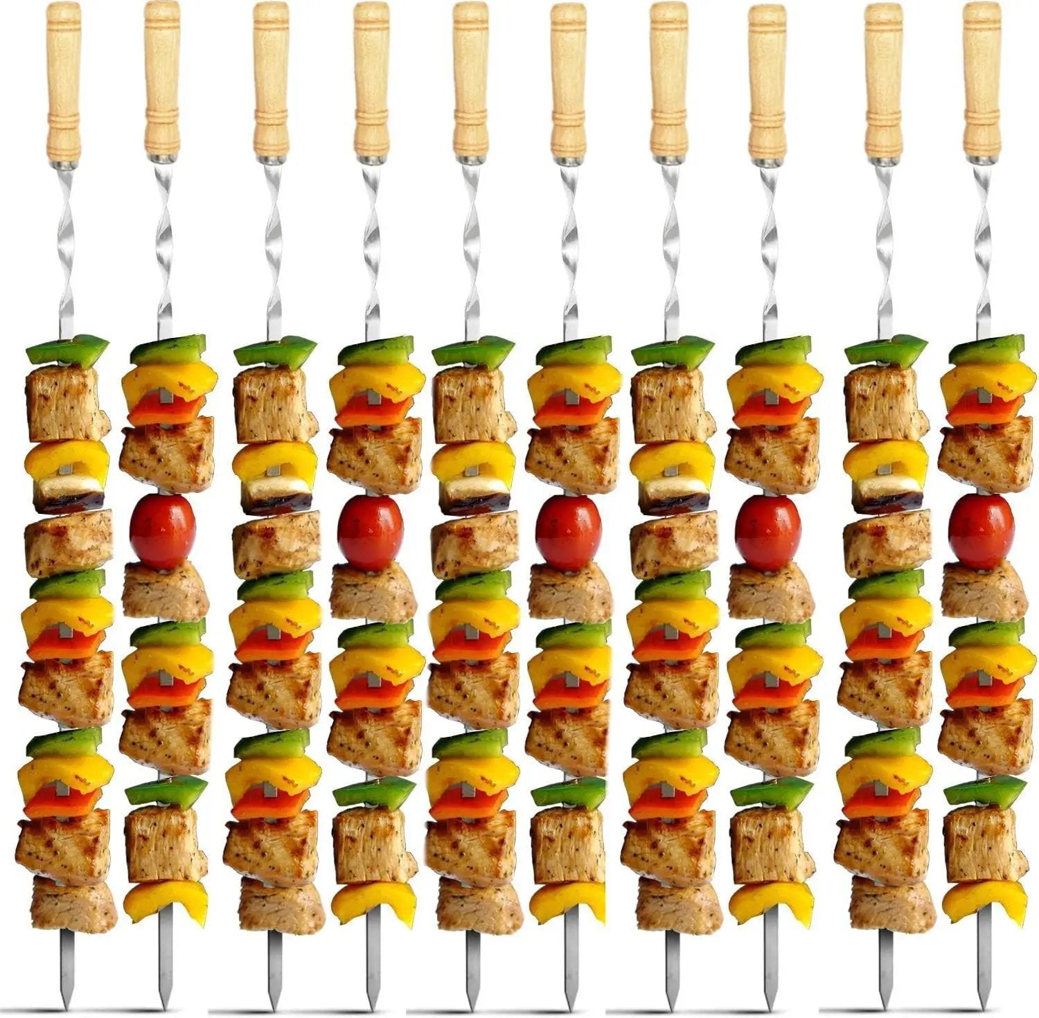 Antallcky 12 Pack Kebab Skewers 22 Inch BBQ Barbecue Skewers Stainless Steel Sticks Heavy Duty Large Wide Reusable with Nonslip Wooden Handle Ideal for Shish Kabob Chicken Shrimp and Vegetables by GreenHaven Gardens