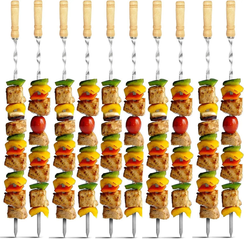 12 Pack Kabob Skewers BBQ Barbecue Skewers Stainless Steel Sticks 22 Inch Heavy Duty Large Wide Reusable with Nonslip Wooden Handle Ideal for Shish Kebab Chicken Shrimp and Vegetables by GreenHaven Gardens