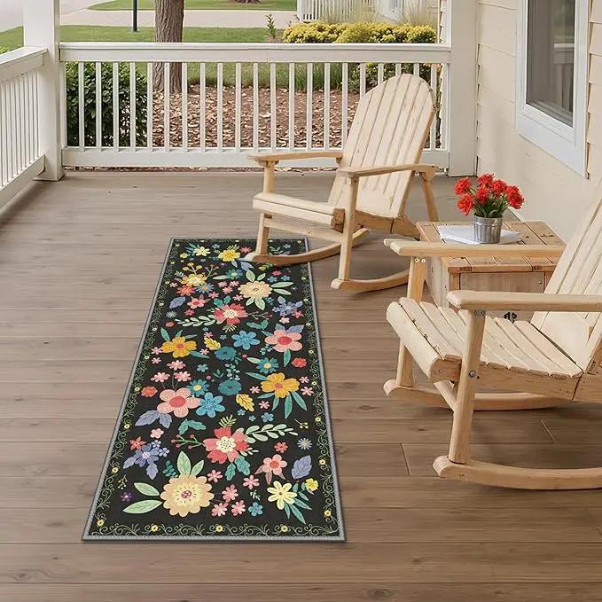 GENIMO Indoor Outdoor Area Rug 2' X 5' Waterproof, Washable Runner Rug Non Shedding, Easy Cleaning Floral Outdoor Carpet for Patio, Living Room, Bedroom, Entryway, Porch, Dining Room, Black by GreenHaven Gardens