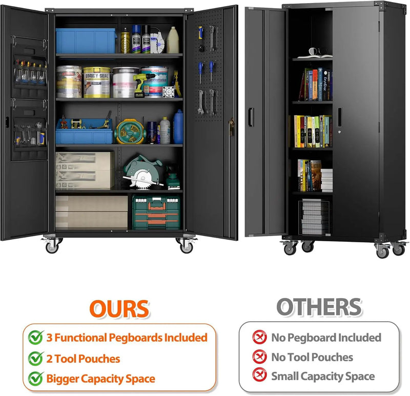 72" H Wide and Deep Garage Storage Cabinet with Wheels & Pegboard, Large Locking Metal Storage Cabinet with 2 Doors and 4 Adjustable Shelves for Garage, Home, Assembly Required, Black by GreenHaven Gardens
