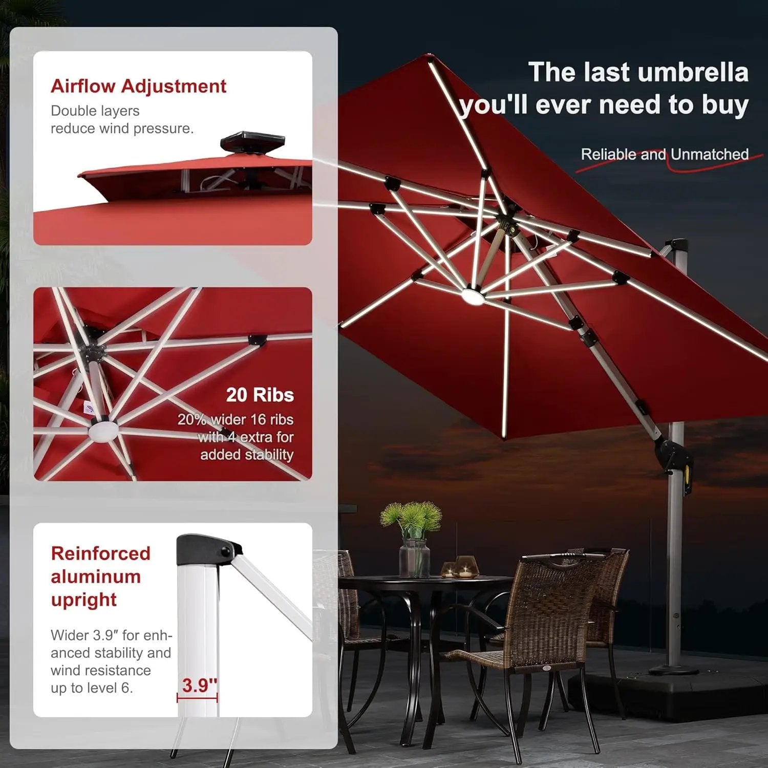 PURPLE LEAF 11 Feet Double Top Deluxe Solar Powered LED Square Patio Umbrella Offset Hanging Umbrella Outdoor Market Umbrella Garden Umbrella, Terra by GreenHaven Gardens