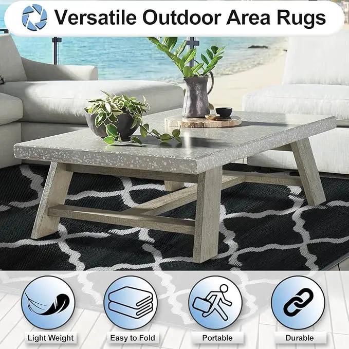 OutdoorLines Outdoor Plastic Area Rugs for Patio 4x6 ft - Reversible Outside Carpet, Stain & UV Resistant RV Mats, Straw Rug for Camping, Deck Garden, Porch and Balcony, Moroccan Black & Light Grey by GreenHaven Gardens