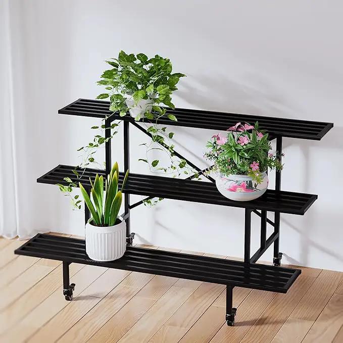 Zhongma 3 Tier Sturdy Metal Plant Stand with Wheels, L45.67 x W26 x H26 inch, Heavy Duty Plant Holder for Home Indoor and Outdoor, 660 LBS Capacity & Heavy Duty Construction by GreenHaven Gardens