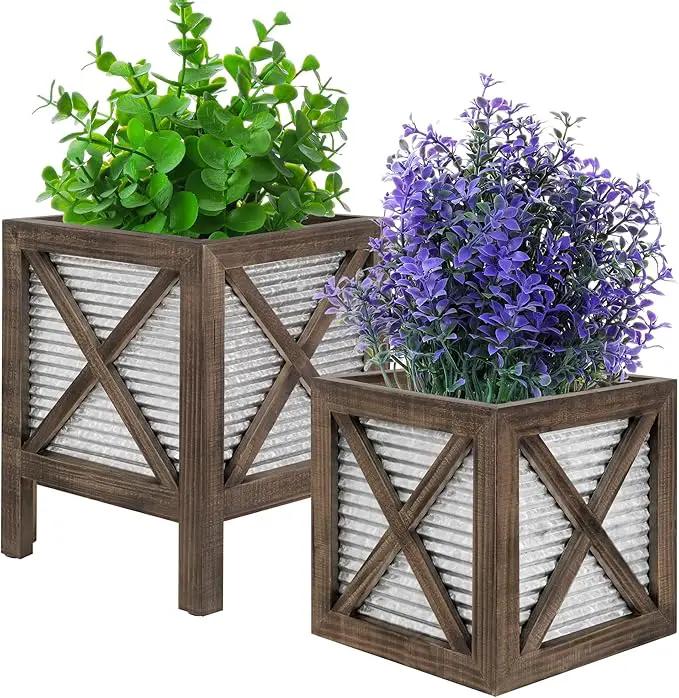 Autumn Alley Farmhouse Front Porch Planters Set of 2 Stand with Galvanized Corrugated Metal Planters for Outdoors/Indoors - Rustic Wood Square Planters Box on Legs – Charming Farmhouse Décor, Brown by GreenHaven Gardens