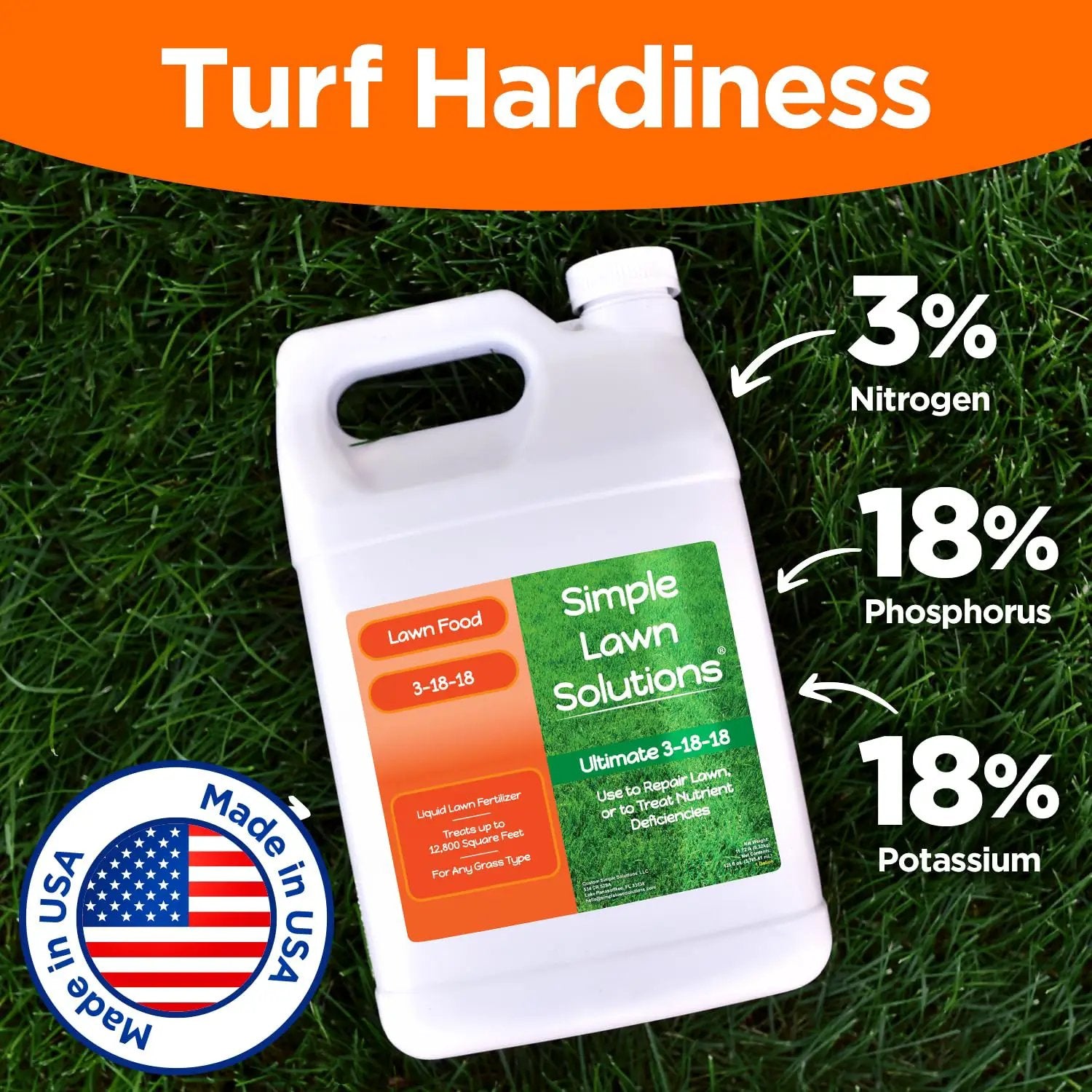 Ultimate 3-18-18 Lawn Food Liquid Fertilizer- Easy to Use Concentrated Spray- Any Grass Type- Summer & Fall - Simple Lawn Solutions- Turf Hardiness & Root Vigor- Phosphorus and Potassium (1 Gallon) by GreenHaven Gardens