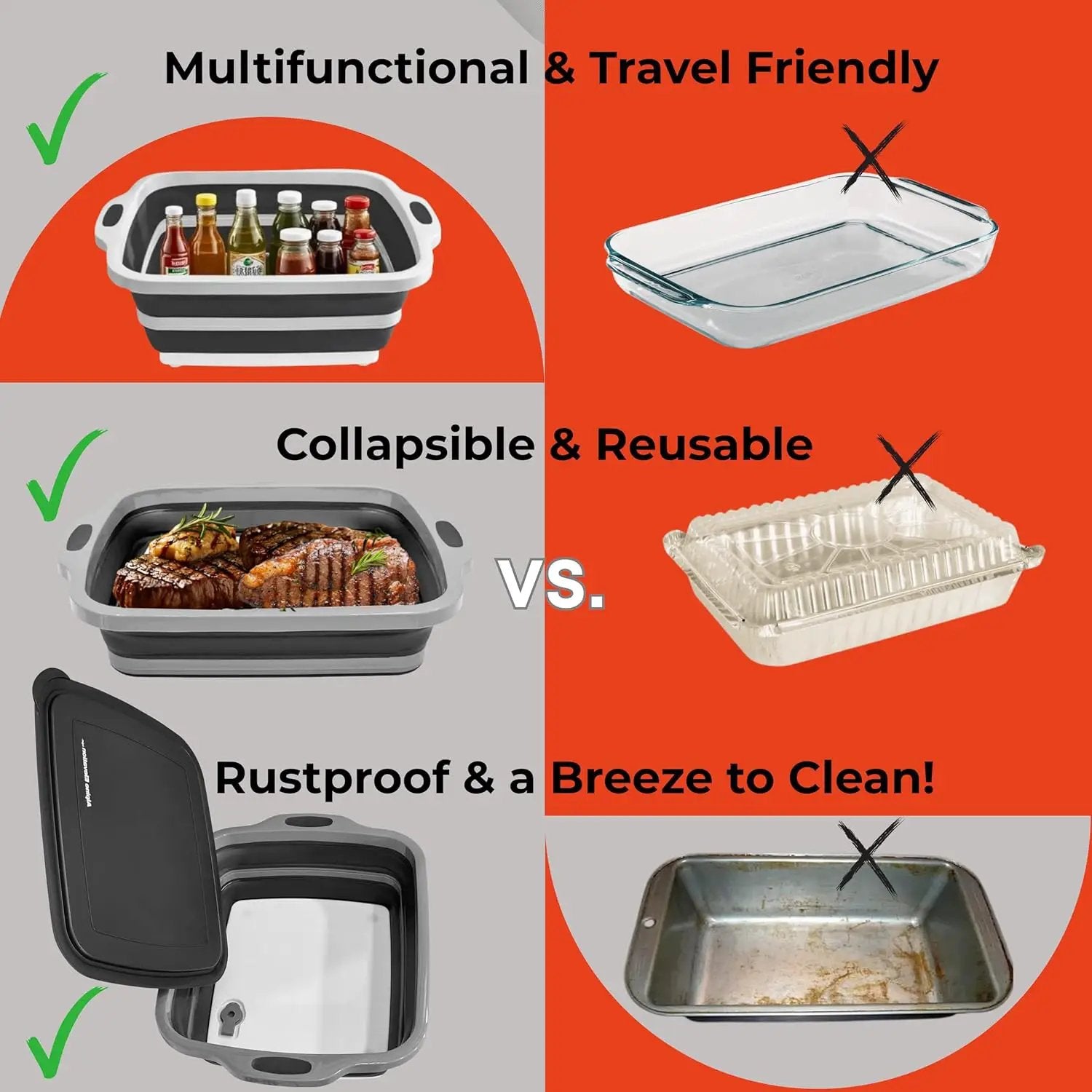 Collapsible Large (8L) BBQ Marinating Tub w/Cutting Board | Multipurpose Food-Grade TPE Prep Tub w/Lid | Built-in Colander & Drain Plug - for Camping | Tailgate | Picnic - Slate Black by GreenHaven Gardens