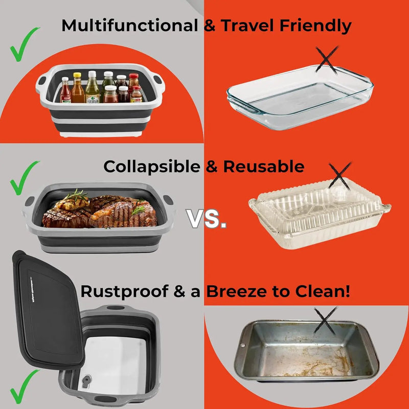 Collapsible Large (8L) BBQ Marinating Tub w/Cutting Board | Multipurpose Food-Grade TPE Prep Tub w/Lid | Built-in Colander & Drain Plug - for Camping | Tailgate | Picnic - Slate Black by GreenHaven Gardens