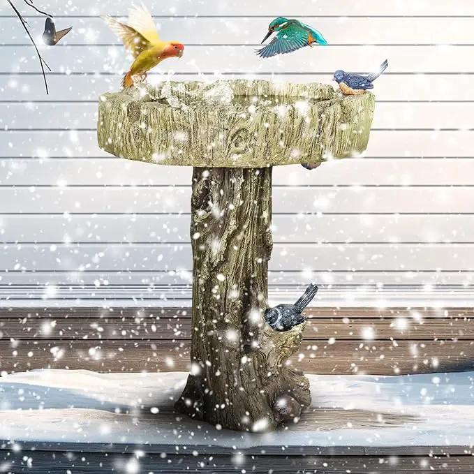 SunJet 24.4 Inch Heigh Wood-Look Concrete Bird Bath with Decorative Faux Bird – birdbath Rustic & Long-Lasting Design, Enhances Garden, Patio, Yard, Lawn Décor by GreenHaven Gardens