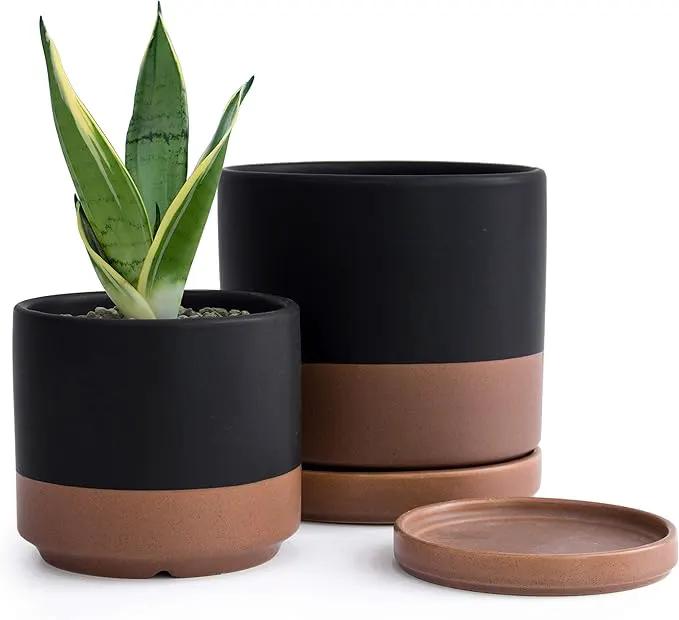 D'vine Dev 4.6 Inch & 6 Inch Ceramic Planter Pots for Plants with Drainage Hole and Saucer, Small Plant Pots Set, Black/Speckled Tan, 94-G-S-7 by GreenHaven Gardens