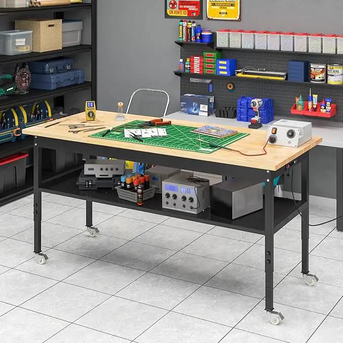 48"/60'' Adjustable Workbench, Rubber Wood Top Work Bench Heavy-Duty Work Table with Power Outlet, Wheels, Partition 2000 LBS Load Capacity Hardwood Work Benches for Garage, Workshop, Home, Office by GreenHaven Gardens