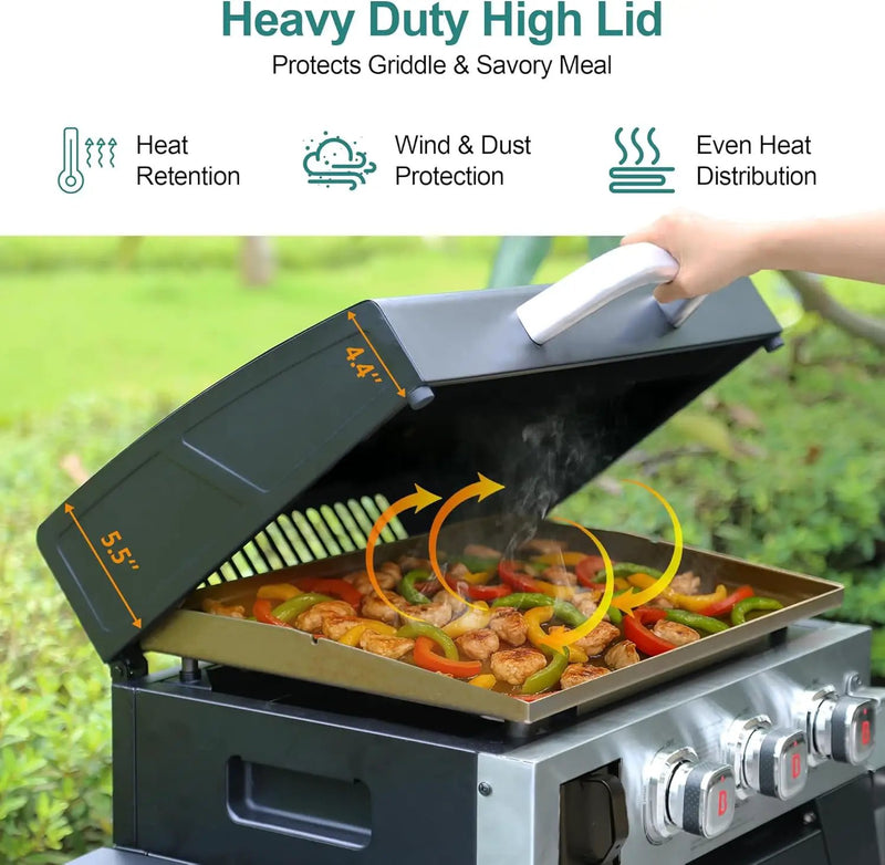 Brand-Man 3-Burner Portable Propane Gas Griddle with Lid - 28,000 BTU Flattop Griddle Grill, 504 Sq. In., Folding Side Tables, Rolling Cart for Outdoor BBQ, Camping, Patio by GreenHaven Gardens