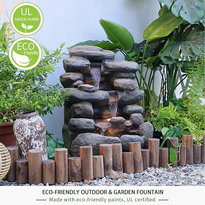 4-Tier Rock Water Fountain Outdoor Waterfall Garden Decor, 23.4" Cascading Waterfall With LED Lights for Patio, Lawn, Backyard, and Home, Faux Stone Design by GreenHaven Gardens