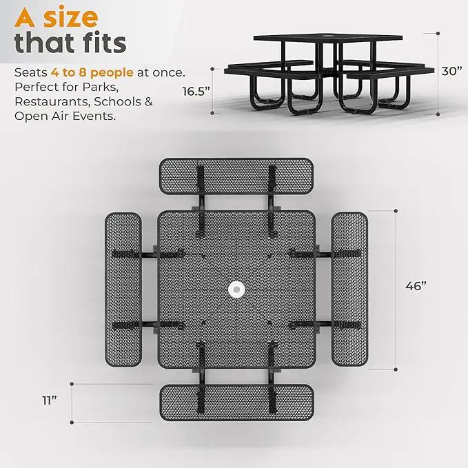 Metal Picnic Tables for Outdoors with Umbrella Hole - Coated Steel Heavy Duty Commercial Grade Table with Adjustable Seats (Black, 46 in, Square, Expanded Steel) by GreenHaven Gardens
