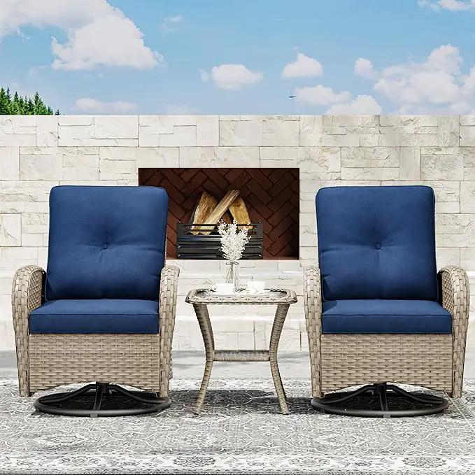 Joyside Outdoor Swivel Rocker Chairs, 3 Piece Wicker Patio Set with Thick Cushion and Side Table, Rattan Patio Swivel Rocking Chairs for Porch, Deck Use (Natural/Blue, 3 PCS) by GreenHaven Gardens