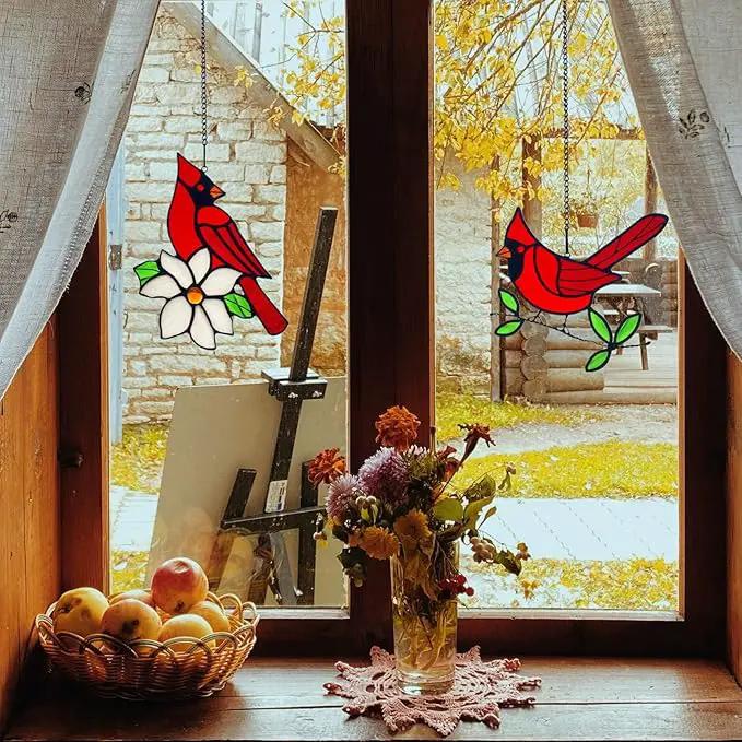 2 Packs Stained Glass Red Cardinal Memorial Gifts for Women, Stained Glass Window Hanging, Red Cardinal on Branch Ornament Suncatcher, Handmade Bird Decor Gift for Mom, Bird Lover by GreenHaven Gardens