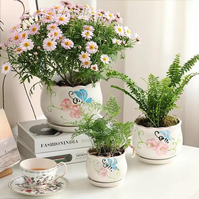 Ceramic Plant Pots with Drainage Holes and Saucers, Round Flower Pots for Indoor Plant, 3.9/5.2/6.7 Inches Flower Large Planters Set of 3 by GreenHaven Gardens