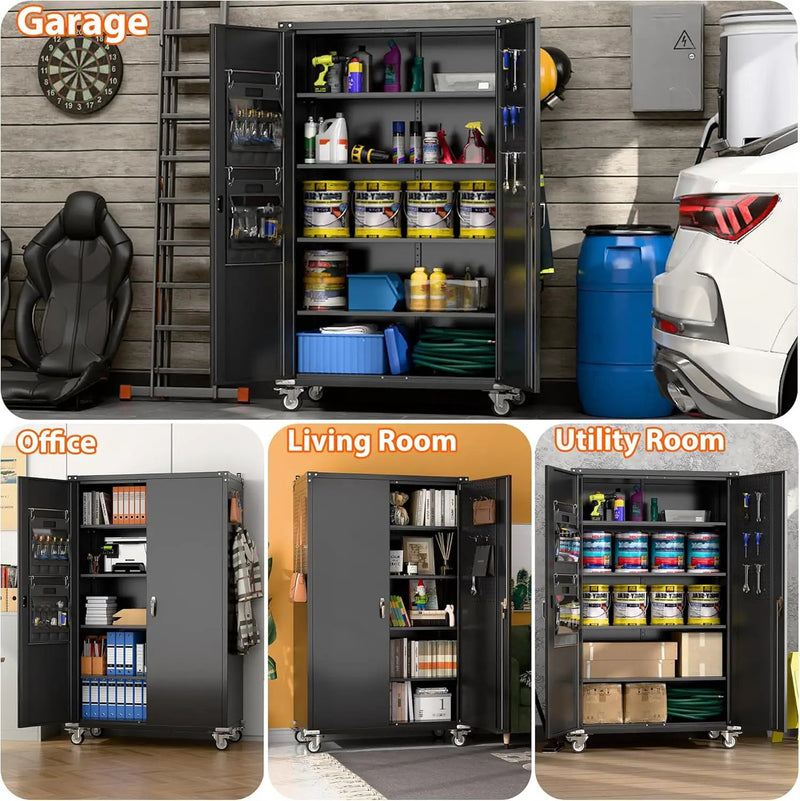 Aobabo Extra Large Cabinet on Wheels, Metal Storage Cabinet with Pegboards, Steel 2 Handles Locking Doors and Adjustable Shelves, for Garage Office, Black, 43.3''W x 21.6''D x 72''H, Assembly Required by GreenHaven Gardens