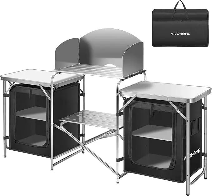 VIVOHOME Folding Camping Kitchen Station Table with Storage Organizer, 2 Side Tables, Stainless Steel Windscreen, Outdoor Portable Cook Station for BBQ, Picnics by GreenHaven Gardens