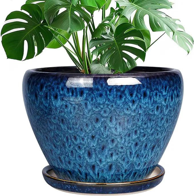 10 Inch Ceramic Planter Pot, Ceramic Plant Pot for Indoor Outdoor Plants, Large Flower Pot with Drainage Hole and Saucer, Blue by GreenHaven Gardens