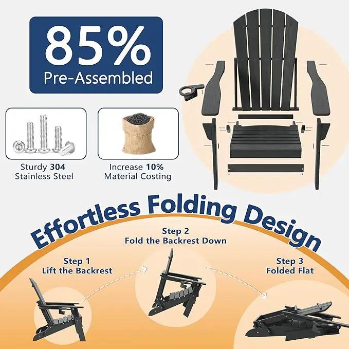 Folding Adirondack Chair Set of 3 with Cup Holder, HDPE All Weather Resistant Plastic Outdoor Patio Chairs, Heavy Duty Fire Pit Seating for Backyard Lawn Garden, Wooden Textured Design(Gray) by GreenHaven Gardens