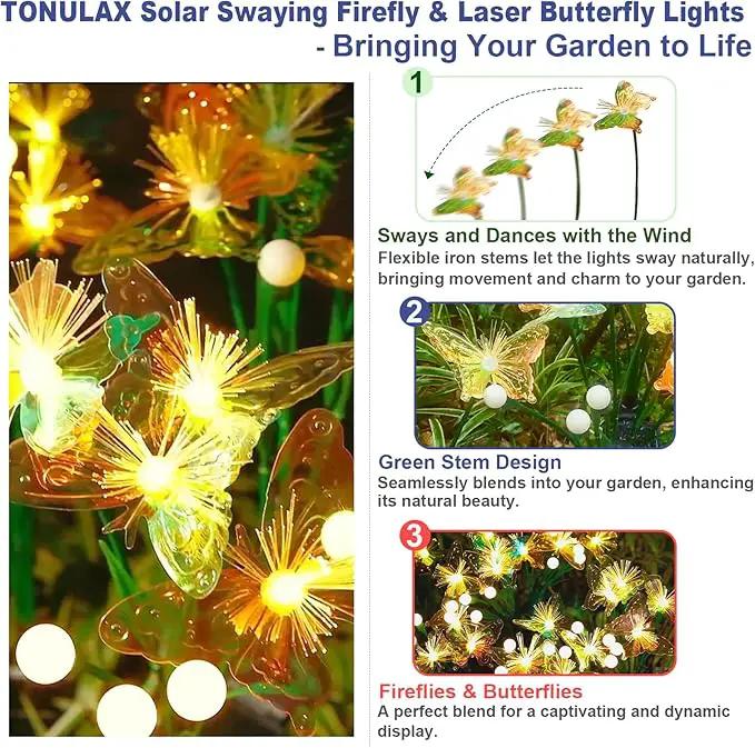 TONULAX Solar Firefly&Butterfly Garden Lights - Outdoor Light for Yard Decoration, Larger Solar Panel, Waterproof LED Garden Lights for Pathway&Holiday Decor (2pack) by GreenHaven Gardens
