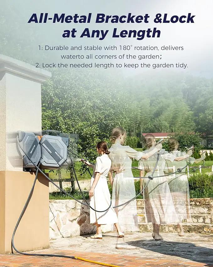 Retractable Garden Hose Reel 5/8 in x 100 ft Professional Metal Bracket & 9-Pattern Metal Nozzle UV Resistant Brass Fitting Heavy Duty Wall Mount Any Length Lock Slow Retraction 180° Swivel by GreenHaven Gardens
