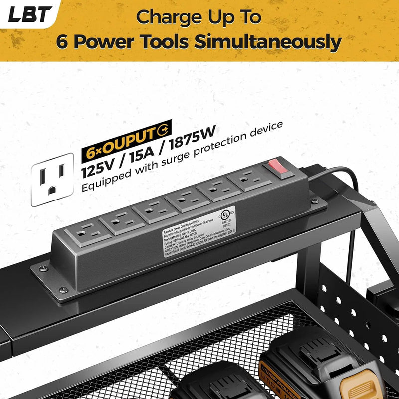 LBT 4 Layer Power Tool Organizer Wall Mount With Charging Station, Patented, 6 Outlet Power Strip, 6 Drill Holder, Heavy Duty Metal Garage Tool Storage Rack, Gifts For Men Fathers Day by GreenHaven Gardens