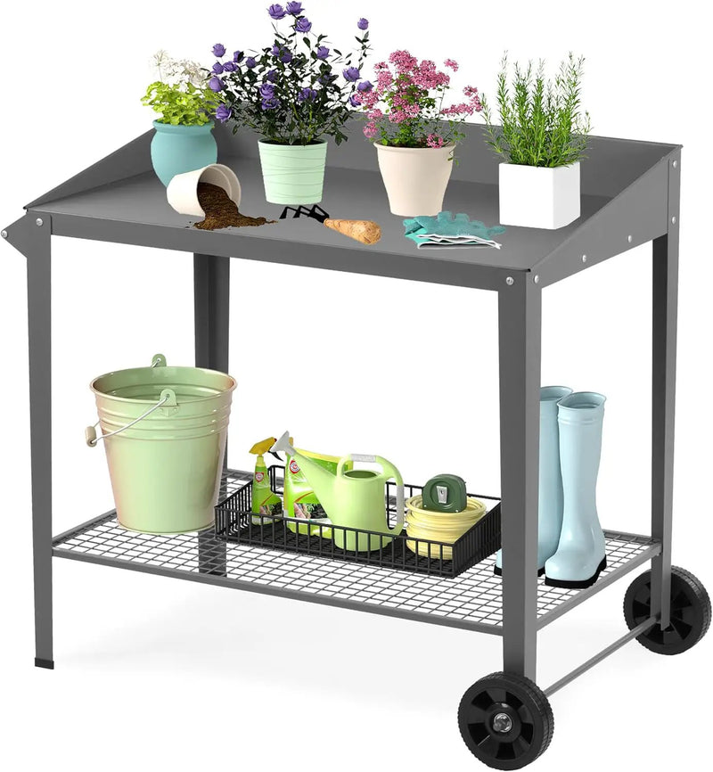 Outdoor Metal Potting Bench with Wheels, Heavy Duty Garden Workbench Table with Storage Shelf (Dark Gray, 36"x38.8") by GreenHaven Gardens