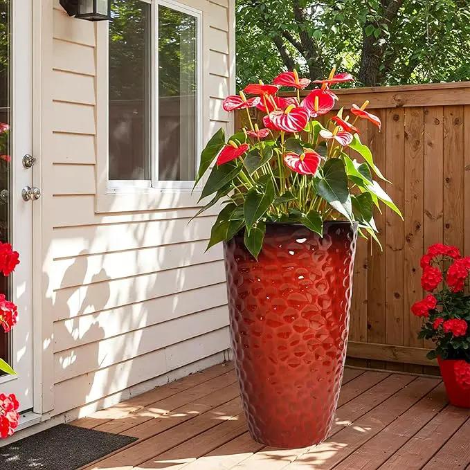 Worth Garden 14" Dia x 24" H Large Plastic Planters with Drainage Hole, Set of 2 Hammered Texture Red Glossy Smooth Finish, Tall Taper Round Decorative Flower Plant Pot for Indoor Outdoor, Front Porch by GreenHaven Gardens