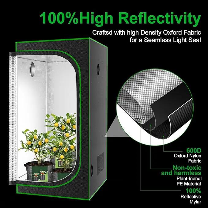 MELONFARM 32"x32"x63'' Grow Tent, High Reflective 600D Diamond Mylar Canvas with Observation Window and Floor Tray for Hydroponic Indoor Plant Growing by GreenHaven Gardens