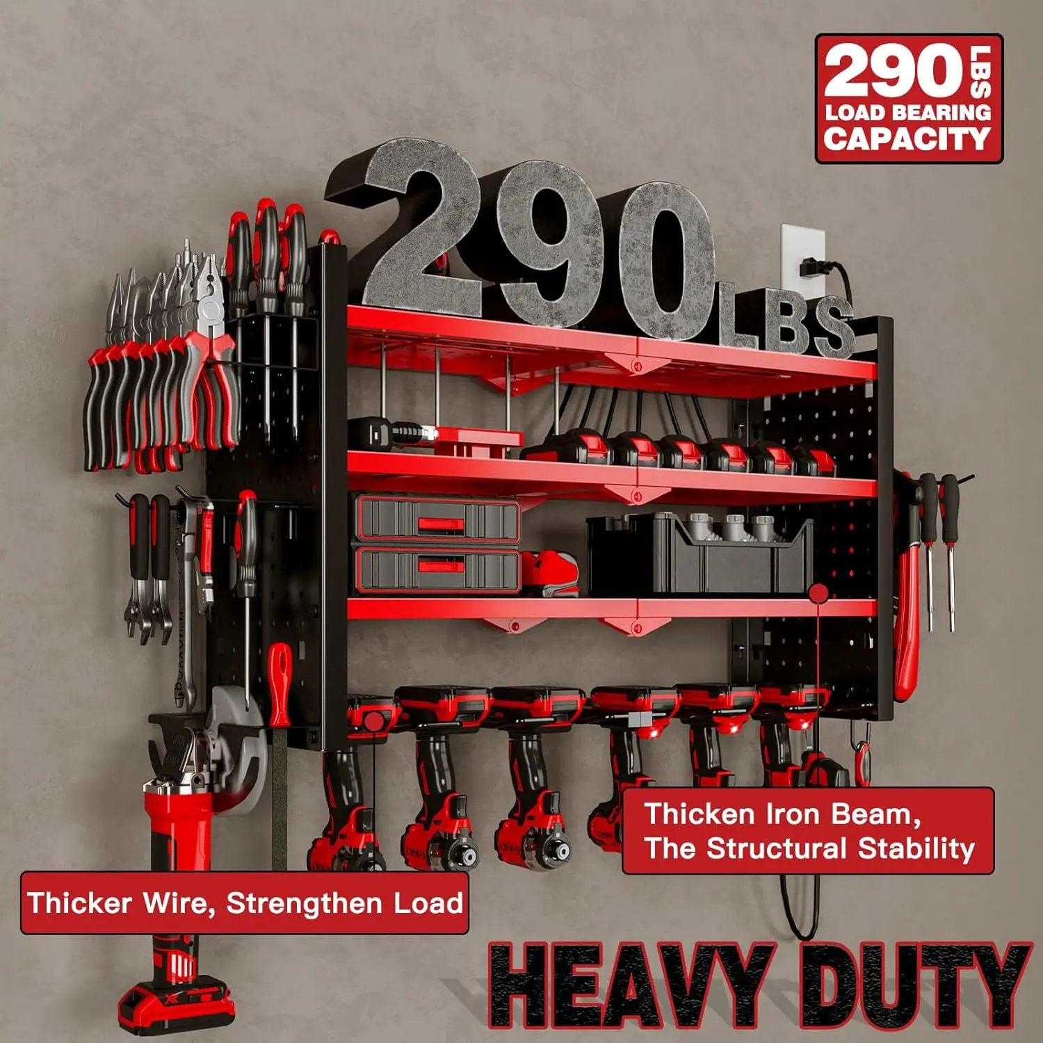 Power Tool Organizer Wall Mount with Charging Station 4 Layer 6 Slot Cordless Drill Holder with Angle Grinder Holder (Red) by GreenHaven Gardens