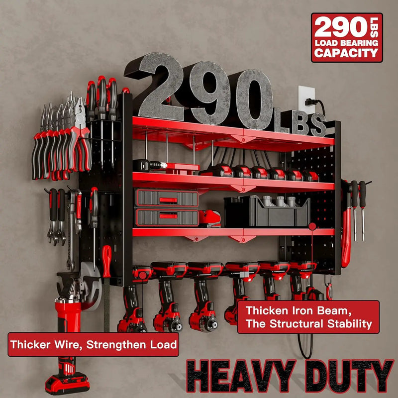 Power Tool Organizer Wall Mount with Charging Station 4 Layer 6 Slot Cordless Drill Holder with Angle Grinder Holder (Red) by GreenHaven Gardens