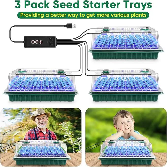 Seed Starter Tray with Grow Light,3 Pack 120 Cells Seedling Tray with Humidity Dome/Indoor Grow Kit for Deep-Rooted Seedlings,Adjustable/Timed Light Plant Starter Set by GreenHaven Gardens