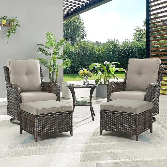 Outdoor Wicker Patio Furniture Set - 5 Pieces Rattan Patio Conversation Set with 2 Rocking Swivel Chairs,2 Ottomans and 1 Side Table for Porch Deck Backyard Garden(Brown/Grey) by GreenHaven Gardens