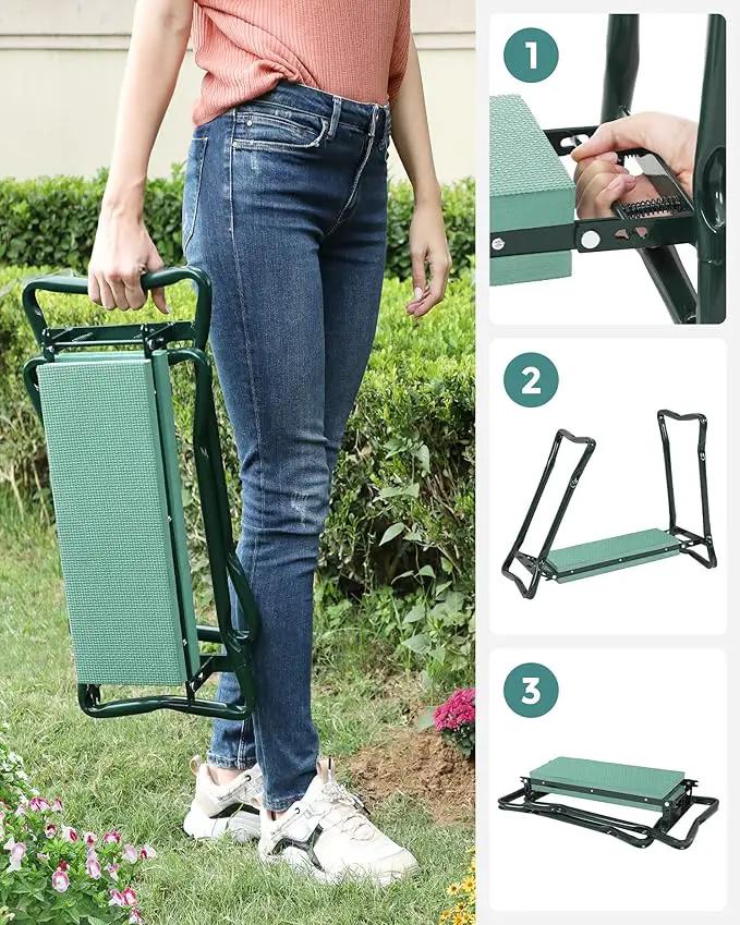 SONGMICS Garden Kneeler and Seat, Multifunctional Garden Kneeling Bench, Gardening Gifts for Women Men, Folding Gardening Stool, with 2 Tool Bags, 8-Inch Wide Kneeling Pad, Dark Green UGGK060L01 by GreenHaven Gardens