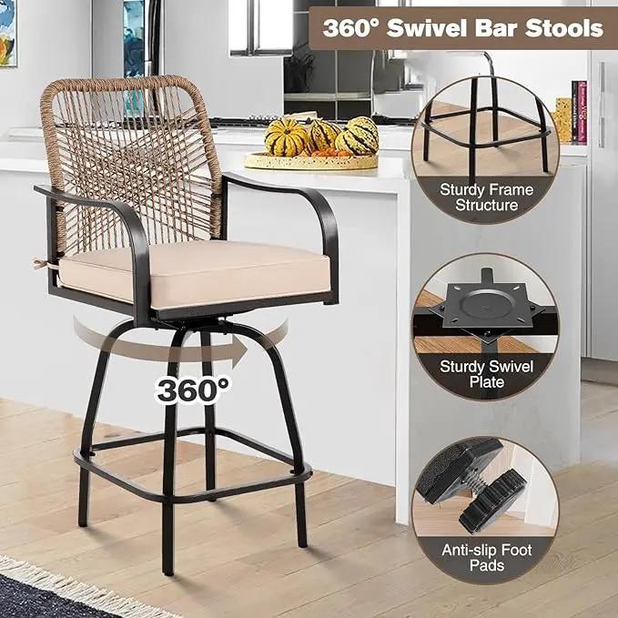 Outdoor Bar Stools Set of 4, Patio Swivel Counter Height Rattan Bar Stools, Patio Wicker Bar Swivel Chairs with Cushion, Outdoor Pool Bar Chairs for Backyard Garden Balcony w /360 Rotation by GreenHaven Gardens