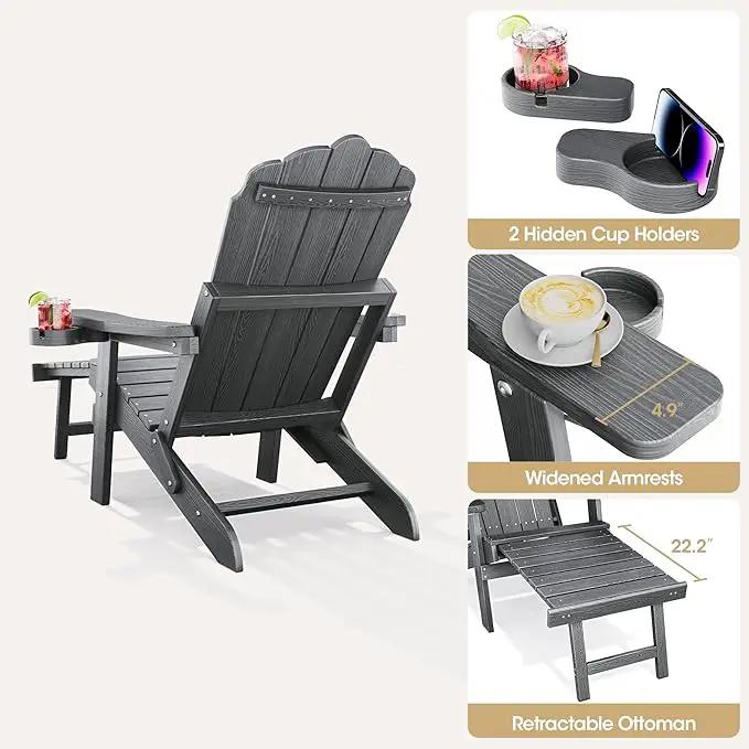 Folding Adirondack Chair Set of 2 with Adjustable Backrest, Adirondack Chair with Ottoman with 2 Cup Holders, for Outdoor Beach Garden Porch Lawn Pool Deck, Grey by GreenHaven Gardens
