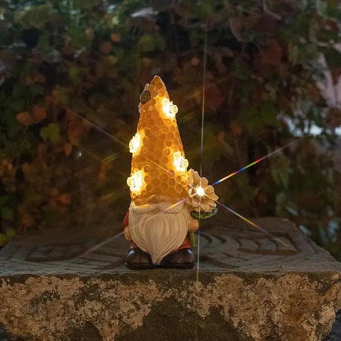 Garden Gnome Statue Solar Powered with Glowing Bees Sunflower Outdoor Funny Resin Figurine Decorations for Patio Yard Lawn Porch Housewarming Ornament Gift by GreenHaven Gardens